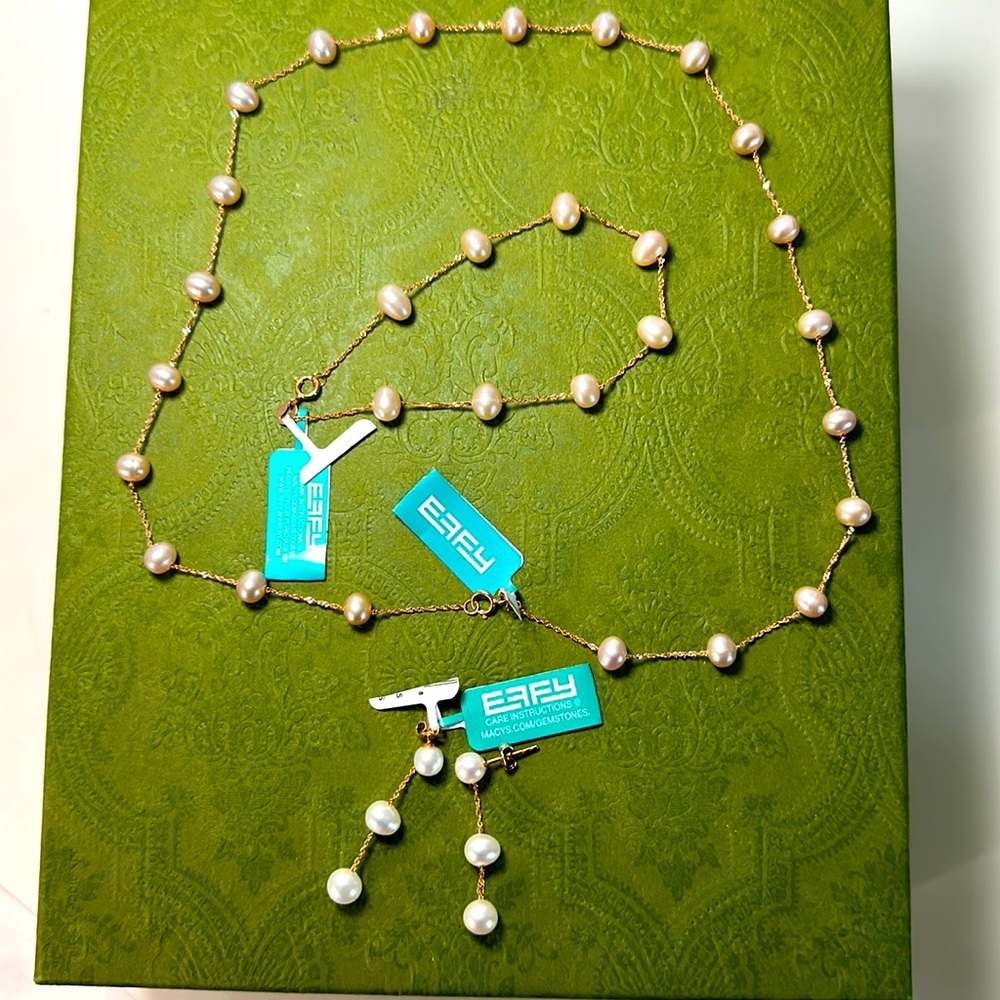 Effy 14K Rose gold necklace, earrings and bracelet with pearls. NWT